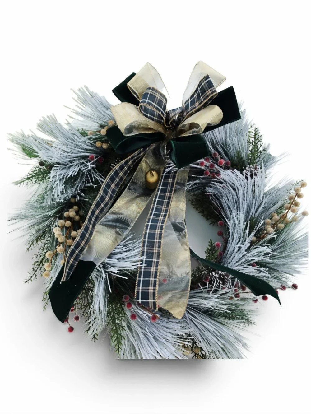 Festive Frosted Pine Holiday Wreath with Gold & Green Bow
